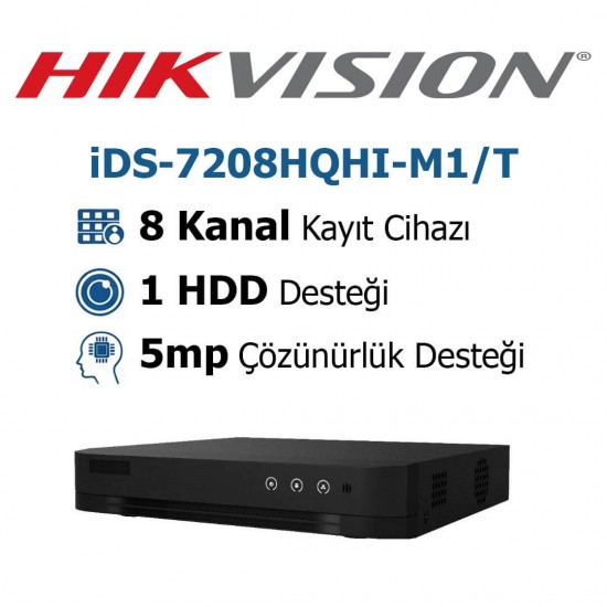 Hikvision iDS-7208HQHI-M1/T 8 kanal 5MP DVR kayıt cihazı yapay zeka güvenlik çözümü